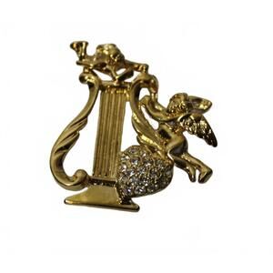 Vintage PREMIER DESIGNS Cherub & Heart Pavé Brooch With Rhinestones